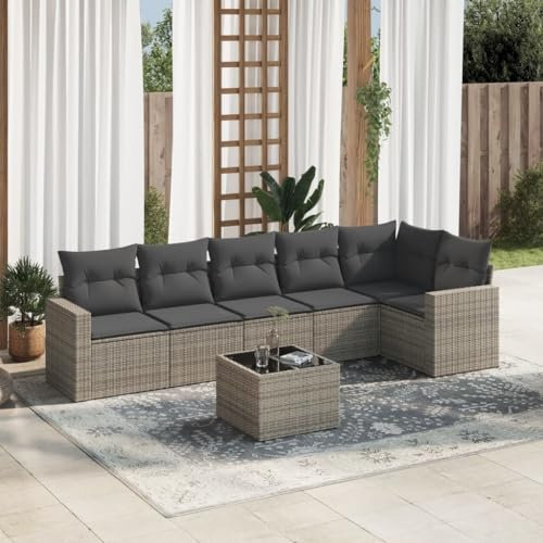 Willood Garten Rattan Sofa Set 7 Stück mit Kissen Grau Poly RattanGrau+Dunkelgrau