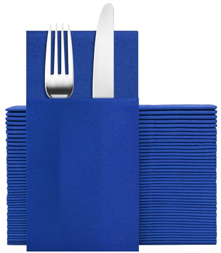 Goldclean Royal Blue Napkins Hand Towels Disposable, Linen Feel Dinner Napkins with Prefolded Built-in Flatware Pocket, Guest Paper Hand Towels For Wedding, Dinner Or Party (16x16in, 50Pack）
