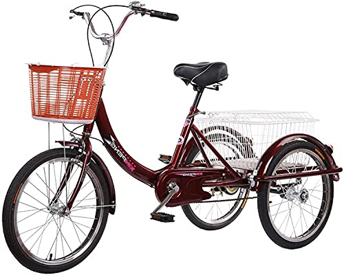 GRDDBZA Dreirad für Erwachsene, 3 Räder, 50,8 cm (20 Zoll), weinrot, 1 Gang, mit Korb, Neigungspedal, für Personen ab 150 bis 185 cm Körpergröße