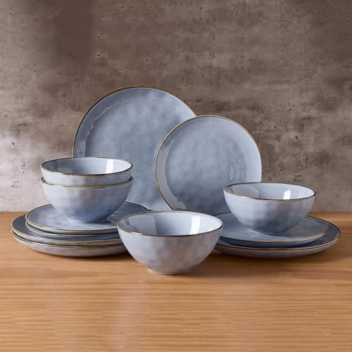 Richmount Ocean 12 Piece Dinner Set, Stoneware 3D Wave Relief Irregularly Shaped Plates and Bowls Set, Reactive Glaze Dinnerware Sets for 4, Dishwasher & Microwave Safe, Stylish& Durable, Grayish Blue