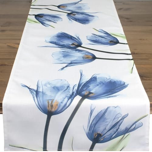 Tischläufer Tulpen blau, beige Creme, modern Bedruckte Motiv Tischdecke für Frühling und Sommer, 40x140 cm