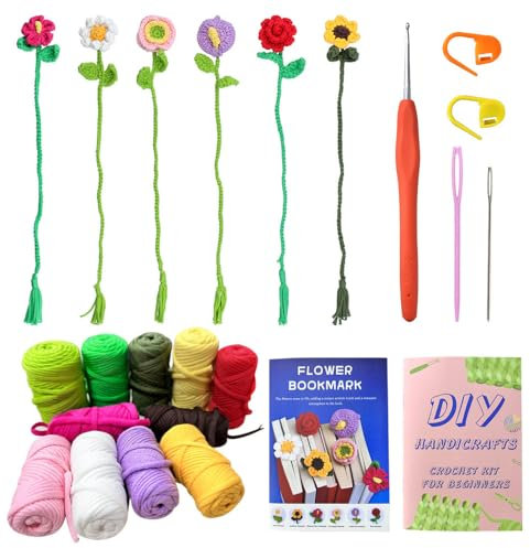 FDEETY Einsteiger Häkelset für Anfänger mit Kinderleichtem Garn 6-teiliges Blumen-Lesezeichen-Häkelset Anleitung für Kinder Erwachsene DIY