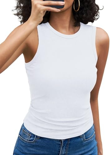 Aottori Canotta Donna Estiva Basic Top Slim Fit Canottiera a Coste Girocollo Shirts Senza Maniche Sexy Tanktop Elasticizzato Casual Bianco M