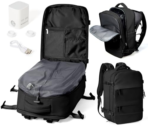 WEPOET Sac a Dos Sous Vide Voyage Avec Pompe Sac Airbag Travel Sac a Dos Voyage Cabine Avion 40x30x20 Easyjet Imperméable Vacuum Backpack Homme Femme Port USB Avec Compartiment à Chaussures(Noir)