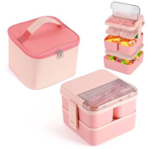 HASA zone Boîte à déjeuner bento avec compartiments, 1 800 ml avec sac isotherme et couverts, étanche et empilable, à 2 couches, pour adultes et enfants, pour le travail, les déplacements, l'école