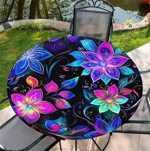 Outdoor Runde Tischdecke mit Gummizug Ø 44in(110cm)- Elastisch Garten tischdecke mit Neonblumen und -vögel Muster,Tische Gartentischdecke für Outdoor Küche Passend für 105-115cm