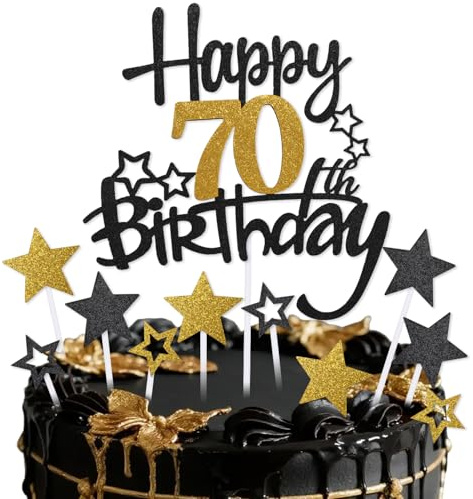 mciskin Black Gold 70th Birthday Cake Topper,70th Birthday Decorations for Men Women,Black and Gold Star Cupcake Toppers,Personalised Cake Toppers for Women Men Birtdhay Party Decorations