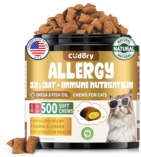 Cat Itchy Skin Comfort Chews for Skin & Coat Health – Cat Tasty Chew Crunchy & Creamy Texture with Probiotic Blend– Supports Wellbeing, Coat Comfort & Digestive Balance, Chicken Flavour – 500 Chews