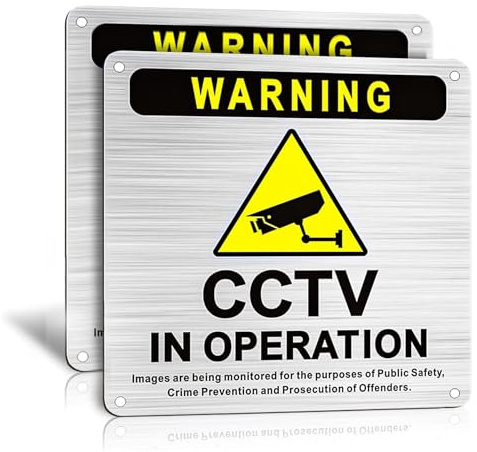 SANTUO 2 Pack CCTV in Operation Sign Metal Self Adhesive, 5.9 x 5.9 Inches Brushed Aluminium CCTV Warning Signs