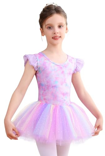 Bezioner Vestito Danza Bambina Tutu Danza Classica Bambina Body Danza con Tutu Abiti da Balletto Ragazze Manica Corta Viola 100 (2-3 Anni,90-100 cm)