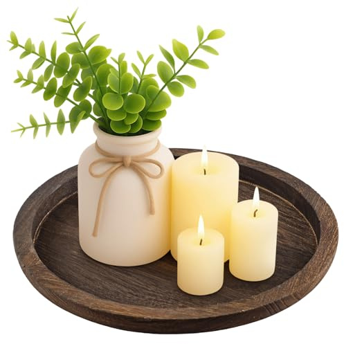 M.J COMFY-LIFE Wooden Candle Holder Tray Round Decorative Candle Plate Rustic Wooden Serving Tray Farmhouse Table (Dark Brown)