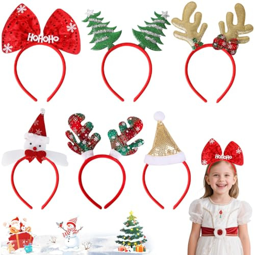 GTJEOI 6 Piezas Diademas de Navideñas, Navidad Diadema Bandas para Niña Adultos, Gorro de Papá Noel Muñeco de Nieve Árbol de Navidad Lazo Diadema de Reno para Navideñas Accesorios Regalos