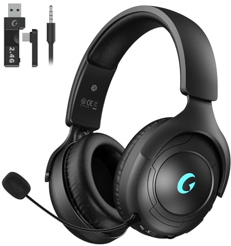 Wireless Gaming Headset for PC PS5 PS4, 2.4GHz USB &Type-C & Bluetooth 5.3 Gaming Headphones with Mic, 3D Surround Sound, 45H Battery, Rotatable Wireless Headsets for Switch Laptop Mobile, Black Color