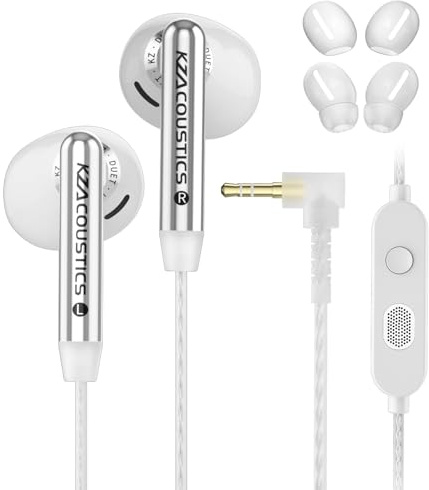 KZA COUSTICS KZ Duet In Ear Casque de jeu, son HiFi, double pilote dynamique, microphone antibruit, câble argenté de 120 cm (3,5 mm, blanc)