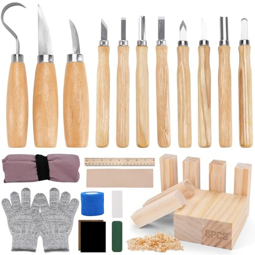 ZUSUZU Kit Sculpture Bois 28 en 1,Outils Sculpture Bois avec Couteau à Découper,Gants Résistants aux Coupures,Sac de Transport pour Adultes,Enfants,Débutants