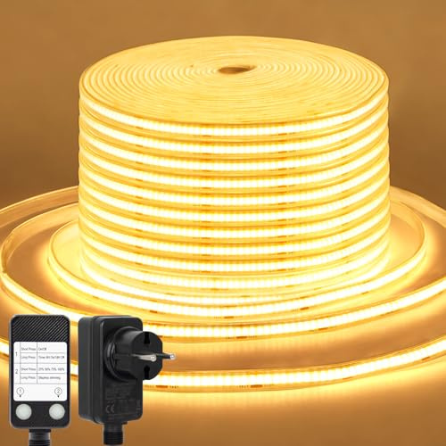 CCILAND COB LED Streifen 15M, 24V Dimmbar LED Strip mit Timer | Wasserdicht Flexibel LED Band Selbstklebend für Heim Küche Innen Außen DIY Dekor Warmweiß 3000K