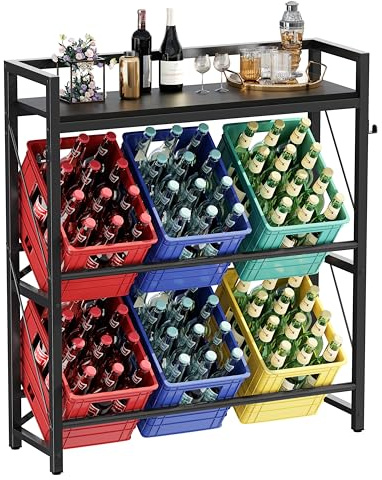 YOUDENOVA Getränkekistenregal, Getränkeregal mit Ablage für 6 Kisten, Metall kistenregal, Freistehend Kistenständer, 32D x 104W x 118H bierkastenständer, für Küche, Wohnzimmer und Keller, Schwarz