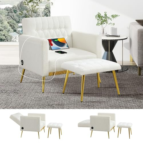 GRAVFORCE Ohrensessel mit Hocker, Sessel Wohnzimmer mit 2 Ladeports, Lesesessel Fernsehsessel Polstersessel Relaxsessel Loungesessel belastbar bis 159 kg Teddy-Plüsch Stilvolles Design Weiß