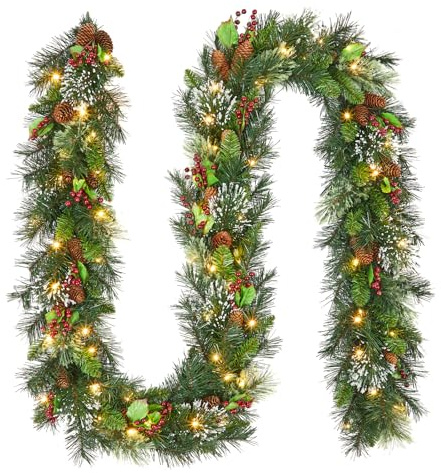 9Ft/2.7M Christmas Garland, Artificial Christmas Decoration Garland with LED Lights & Pine Cone & Berries, Reusable Xmas Garland for Stairs Front Door Window Fireplace Home Decoration