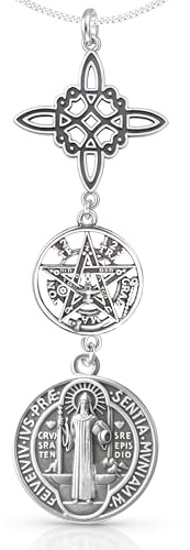 NUDO DE BRUJA Y TETRAGRÁMATON Collana doppia protezione ciondolo tripla medaglia di San Benedetto, in argento sterling 925 rodiato, catena da 45 cm, Pequeño, Argento sterling, Nessuna pietra preziosa