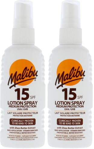 Malibu Sun SPF 15 Lotion Spray, Medium Protection Sun Cream, Water Resistant, Vitamin Enriched, with Shea Butter Extract, 100ml (Pack of 2)