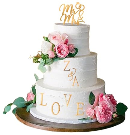 Floruvia Wedding Cake Topper Mr&Mrs Cake Topper mit 26 Buchstaben Personalisierbar Braut und Bräutigam Initialen Schild(Gold)