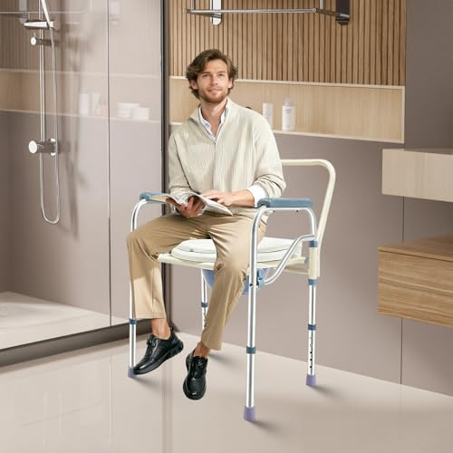 Sedia pieghevole, per doccia e toilette, per bagno e zona toilette, regolabile in altezza e pieghevole, in acciaio inox e acciaio al carbonio, con piedini antiscivolo, multifunzione e facile da pulire