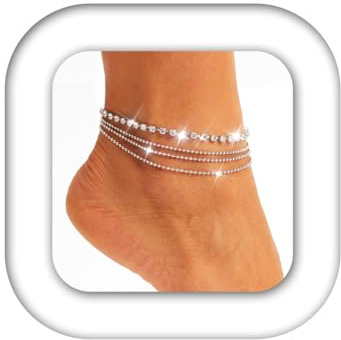 Zoestar Layered Crystal Anklet Silver Rhinestone Ankle Bracelet Boho Foot Chain Jewelry for Women and Girls