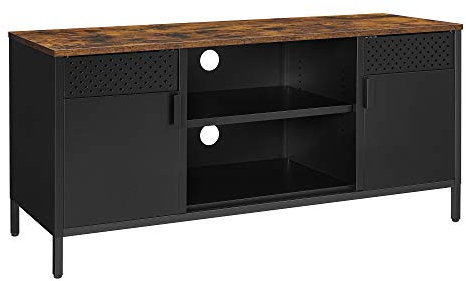 SONGMICS Meuble TV, Support Télé pour Téléviseur Jusqu’à 55 Pouces, Table Télévision avec Portes, 3 Étagères Réglables, pour Salon, Chambre, Marron Rustique et Noir LTS103B01