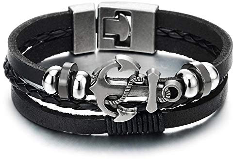 COOLSTEELANDBEYOND Herren Damen Anker Segeln Seil Schwarz Leder-Armband Wickeln Schweißband DREI Reihen Geflochtenes Leder Armband