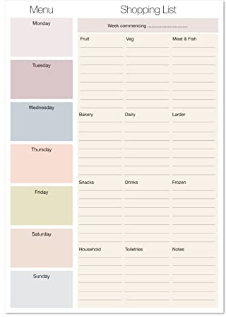 Shopping List Pad with detachable Weekly Meal Planner. 50 sheets 247 x 172mm per pad. Made in the UK by Absolutely Yours. (Grocery Headings)
