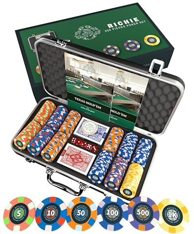 Bullets Playing Cards, Pokerkoffer Richie, Pokerset mit 300 Keramik Pokerchips mit aufgedruckten Werten, inkl. Keramik Dealerbutton