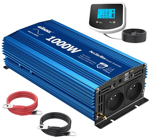 GIANDEL 1000W Convertisseur 12V 220V Pur Sinus Onduleur Onde Sinusoïdale Pure Transformateur avec écran LCD-Télécommande et 2 Ports USB & 2 AC Prises pour Camping-Car Blue