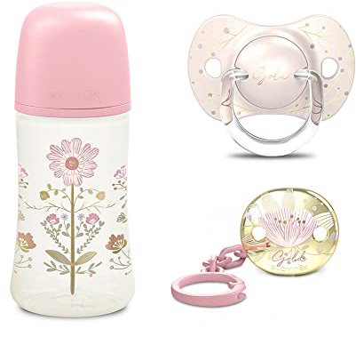 Suavinex set regalo Gold Edition, Biberon 270ml, Ciuccio 0-6M e Clip, Rosa