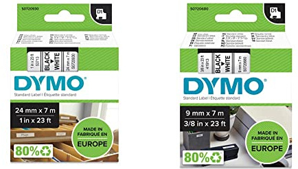 DYMO Original D1-Etikettenband | schwarz auf weiß | 24 mm x 7 m & Original D1-Etiettenband | 9 mm x 7 m | schwarz auf weiß | selbstklebendes Etikettenband | für LabelManager-Beschriftungsgerät