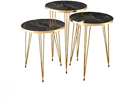 Beistelltisch Set 3tlg Holz Metall Rund Vintage Gold Schwarz Couchtisch Sofatisch