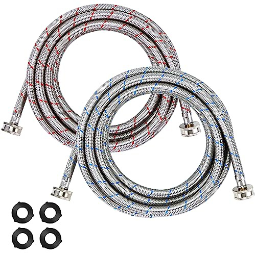 15ft LONG Washing Machine Hoses UPGRADE by Blutoget- Braided Stainless Steel Washer Hoses - Hot and Cold Water Lines 3/4'' Standard Interface -Burst Proof Leak Free Hose (2 Pack) - 10 YEARS GUARANTEE