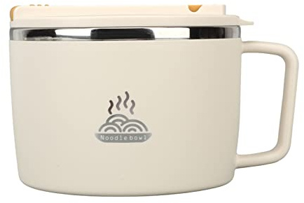 Microwave Ramen Bowl Set, Noodle Bowls with Lid Speedy Ramen Cooker 304 Stainless Steel Soup Food Bowl Set with Chopsticks and Spork, 1200ml, for Office (Beige)