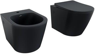 Sanitari in ceramica sospesi nero opaco vaso rimless bidet sedile soft-close chiusura rallentata mod. Vienna