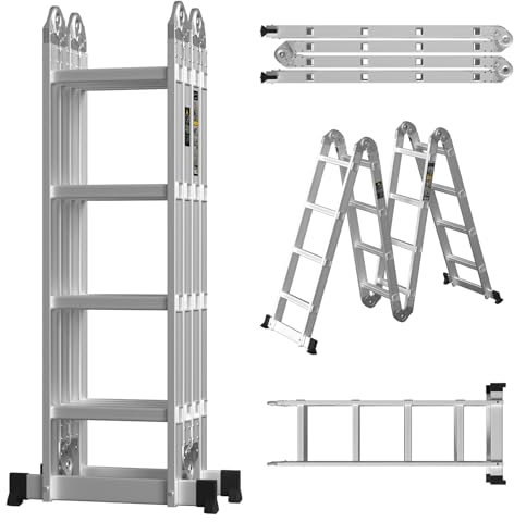 4.7M Folding Ladder, 15.4FT Multi-Purpose Aluminium Extension with Safety Platform, Multipurpose Telescopic Ladder, for Home DIY and Building Use