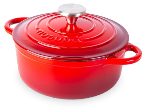 Casseruola in Ghisa Smaltata, Pentola Olandese Antiaderente con Coperchio, Induzione/Gas/Forno, Cottura Omogenea – 2.1 Liter 20cm Rosso – da Nuovva