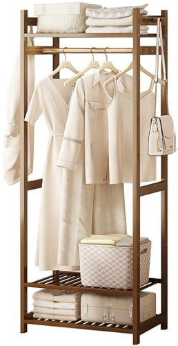 angelfanmily Bamboo Garment Rack, Clothes Rails with 5 Shelves, Free Standing Garment Hanging Rails, Clothes Rails Clothing Rail for Bedroom Storage for Dress, Shoes, Hats, Max Load 100kg