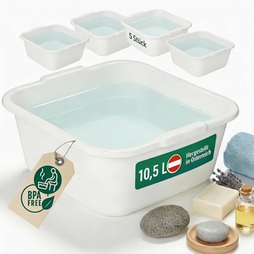 Novaliv 5x Spülschüssel eckig 10,5L, 34x34 cm, Weiß, BPA-frei & Spülmaschinenfest - Ideal für Küche und Camping, Wanne, Große Plastikschüssel, Waschschüssel eckig, Waschwanne, Abwaschschüssel