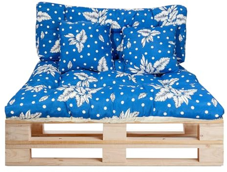 GREATOYAR Cojines Sofá Palets, Cojin Palet Fibra, Cojines Acolchados Palets, Cojín de Respaldo y Asiento, Conjunto 4 Piezas, para Jardín, Terraza, Balcón, Interior y Exterior, Azul y Hoja