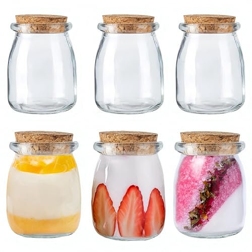 MEETOZ 6Pcs 200ml Pudding Glass Bottle,Yogurt Glass Jars with Cork Lid,Mini Cup Small Glass Bottles for Yogurt Making, Pudding, Milk, Jelly