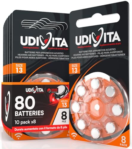 80 Batterie Per Apparecchi Acustici Auricolari Udivita Misura 13 PR48 (Arancioni) - 10 Blister da 8 Pile