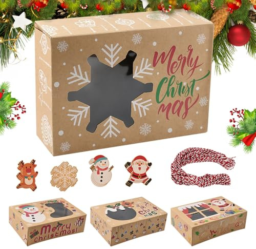 YBCCBY 12 Stück Keksverpackung Weihnachten Keksschachtel mit Sichtfenster Weihnachtsgeschenkboxen Geschenkkiste Weihnachten Plätzchen Box Weihnachtskekse mit Seil und Tags Geschenkkarton für Cupkuchen