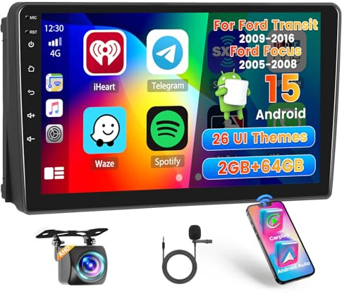 Hikity 2+64G Android 15 Autoradio für Ford Transit 2009-2016, 9'' | Carplay Android Auto für Ford Focus 2005-2008, Wireless Radio, 26UI FM RDS GPS Navi, WiFi EQ Bluetooth, MIC Rückfahrkamera