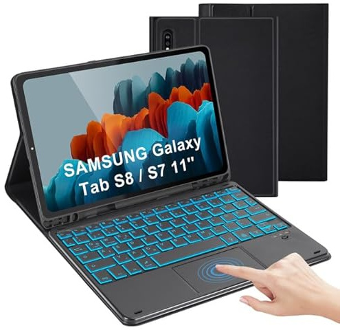LAMA Tastatur Hülle mit Touchpad für Samsung Galaxy Tab 10.9'' Tab S9 FE/S10 FE/S10, 11 Tab S9/S8/S7, Kabellose Tastatuhülle Bluetooth Tastatur Hülle Schutzhülle-DE QWERTZ Layout, Schwarz Beleuchtet