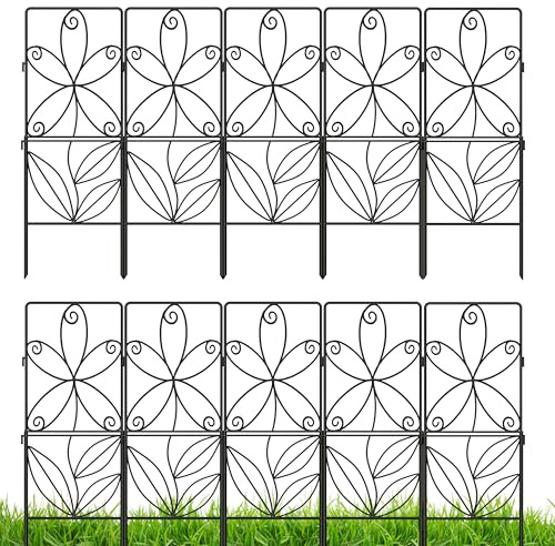 ShopLaLa Garden Fence (10 Panels) 12.5in(L) x 31in(H) Animal Barrier Fencing Rustproof Black Metal Wire Decorative Floral Flower Bed Edging for Landscape, Small Dog Fences Large Outdoor Yard Border